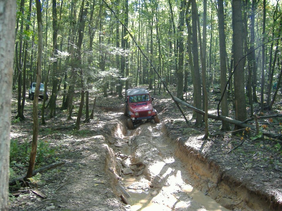 Red 2003 Jeep Wrangler navigating a deep mud trench on a wooded trail, with another white vehicle visible in the background
