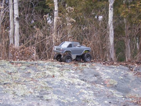 1996 Ford Bronco - A remote-controlled truck is positioned on a large rock amidst trees and dry brush.