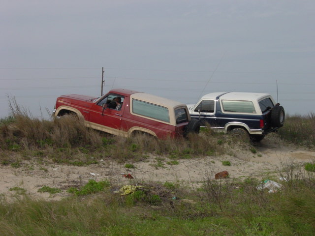Red and tan Ford Bronco and a blue and white Bronco on a grassy sand dune under overcast sky