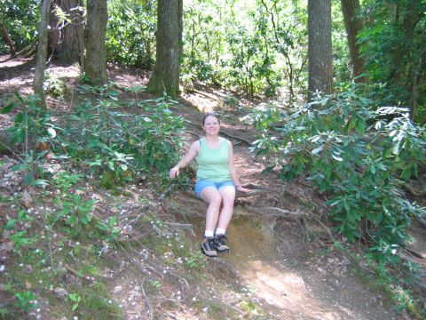 1985 Ford LTD Crown Victoria - A woman rests on a wooded trail, surrounded by trees and foliage.