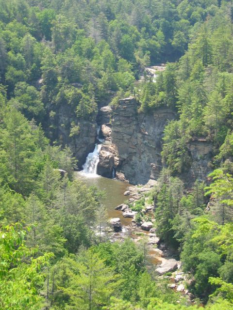 1985 Ford LTD Crown Victoria - A scenic view of a waterfall flowing through a rocky gorge, framed by dense forest foliage.