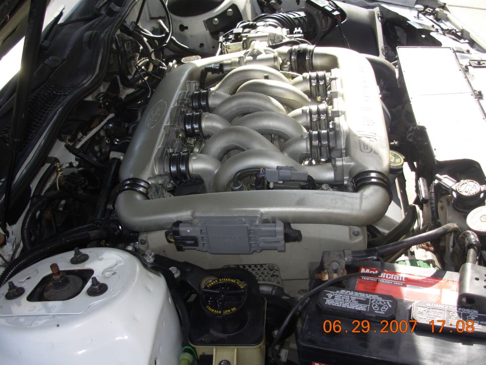 White car engine bay with silver intake manifold and black hoses. Battery and power steering reservoir visible