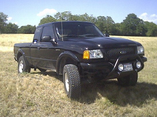 Black 2002 Ford Ranger pickup truck with aftermarket bull bar and fog lights, parked in a grassy field