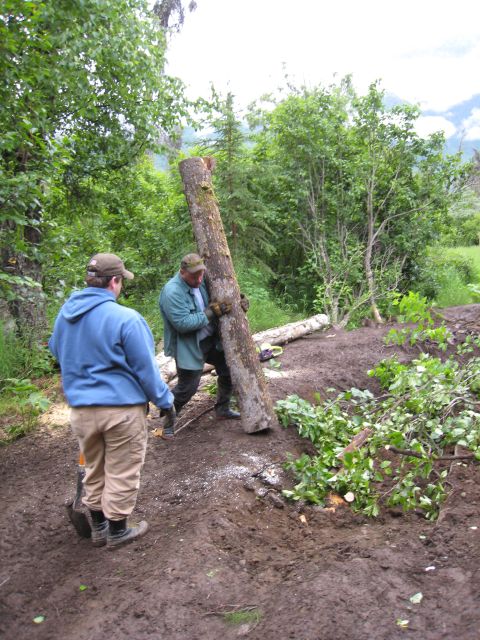 2000 Ford E350 - Two men are carrying a large log outdoors in a wooded area.