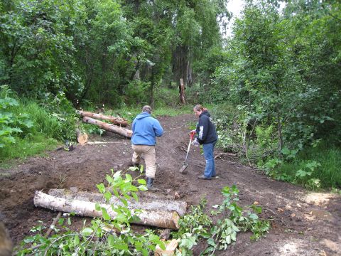 2000 Ford E350 - Two individuals are engaged in outdoor work, clearing a path and moving logs amidst a natural, wooded environment.
