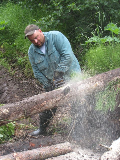 2000 Ford E350 - A man uses a chainsaw to cut a large log in a wooded area, with the SuperMotors logo visible in the lower right corner.