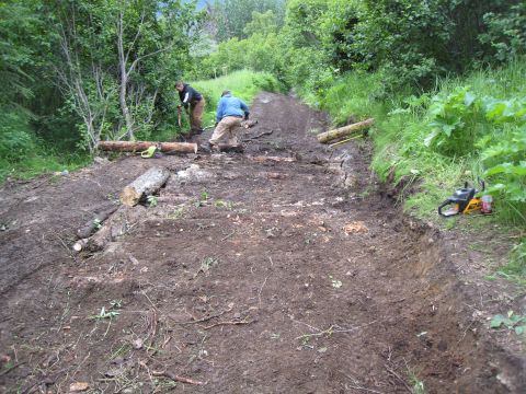 2000 Ford E350 - Two men are working on clearing a muddy path in a wooded area, with logs and a chainsaw nearby.