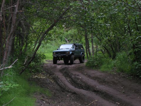 2000 Ford E350 - Jeep Cherokee XJ navigates a muddy trail surrounded by dense green foliage.