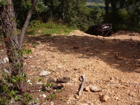 1983 Ford Bronco - Trash on the trail! Our entrance to the Rubicon was blocked by this abandoned Heep, whose LHF steering knuckle was no longer attached to th…
