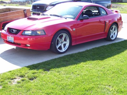 2004 Ford Mustang - A red 2004 Ford Mustang coupe is parked on a driveway, with a trailer and a dark pickup truck visible in the background.