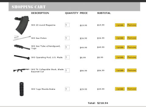 1997 Ford Crown Victoria - This is a screenshot of a shopping cart page displaying various firearm components and their prices.