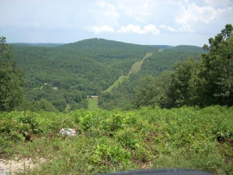 1992 Ford Bronco - A wide shot captures a lush green mountain landscape under a partly cloudy sky, a prominent ski slope.