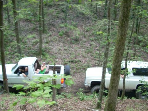 1992 Ford Bronco - Two white SUVs are seen off-roading through a dense forest, with people riding in the open bed of one vehicle.
