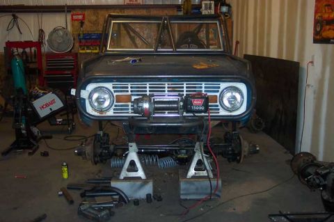 1992 Ford Mustang - 1974 Ford Bronco front end undergoing work, a Warn 15000 winch.