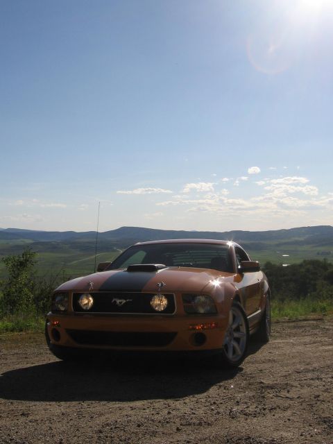 2007 Saleen S-302 - Orange Ford Mustang with black stripe parked on a dirt road overlooking a valley.
