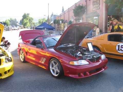 2007 Saleen S-302 - A red convertible is displayed with its hood open, parked next to a yellow car a racing stripe and the number 15.