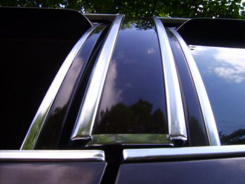 1982 Ford Crown Victoria LTD - Chrome trim accents the dark roofline of a vehicle, reflecting the sky and trees.