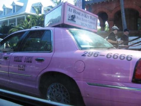 2001 Ford Crown Victoria - A pink taxi cab with advertising on its roof is parked on a street with buildings in the background.