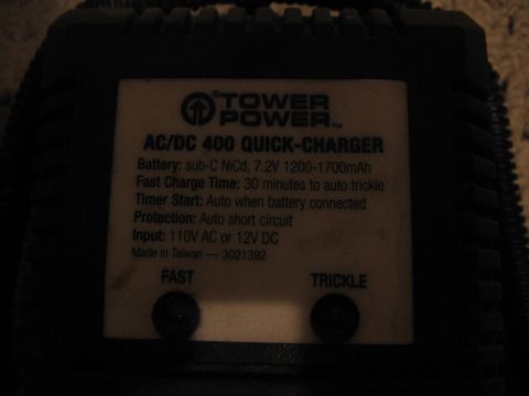 1974 Ford F-100 - Label details Tower Power AC/DC 400 Quick-Charger specifications, including battery type and input voltage.