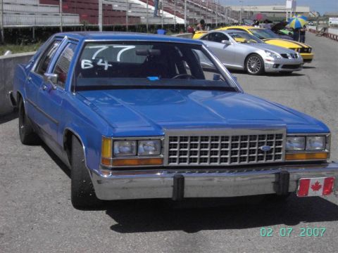 1984 Ford Crown Victoria LTD - Made it to the track. Check out the run group number. (B4) "A" group is the fastest. Notice the numbers on the SLK and the new 'Stang