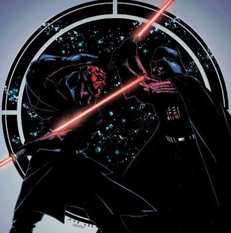 1991 Ford Taurus - Darth Maul and Darth Vader engage in a lightsaber battle against a cosmic backdrop.