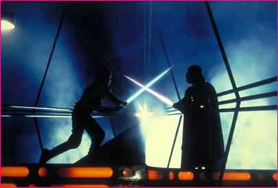 1991 Ford Taurus - A dramatic scene depicts two figures engaged in a lightsaber duel, set against a backdrop of futuristic architecture.