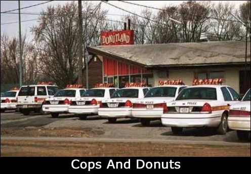 Row of white police sedans parked outside a Donutland shop, captioned Cops And Donuts