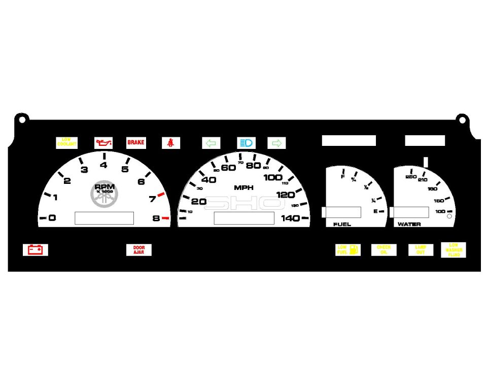 Gauge cluster with tachometer, speedometer, fuel, and water gauges