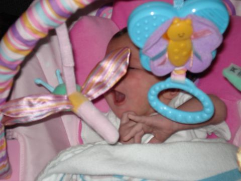 2000 Ford Crown Victoria - A baby yawns while playing with colorful hanging toys in a pink bouncer.