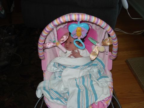 2000 Ford Crown Victoria - Baby rests in a colorful bouncer seat with a striped blanket.