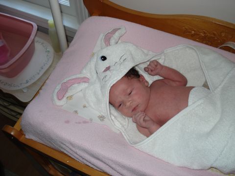 2000 Ford Crown Victoria - A baby is swaddled in a soft bunny-themed towel, resting on a pink blanket.