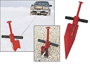 1996 Ford Bronco - A red ice anchor is shown, along with a truck in the snow pulling a rope.