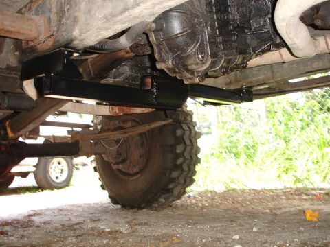 1989 Ford Bronco - A close-up of the underside of a vehicle shows the transmission crossmember and rear suspension components.