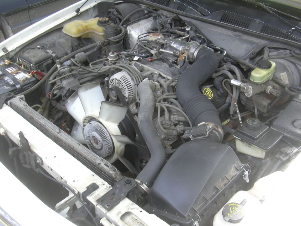 V8 engine bay with serpentine belt, clutch fan and air intake