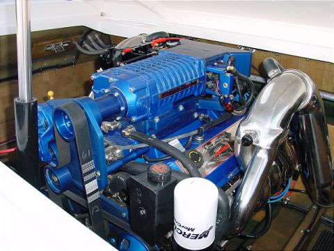 2001 Ford F-250 - Close-up view of a powerful, supercharged engine, likely from a boat or performance vehicle.