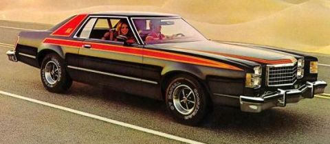 1999 Ford Crown Victoria - Scanned brochure-style artwork of a black late-1970s Ford LTD II two-door coupe on a desert highway, wearing red and orange multi-stripe gr…