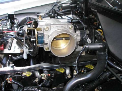 2001 Ford Crown Victoria - Close-up view of a throttle body assembly within an engine bay. A black hose with a date stamp is visible.