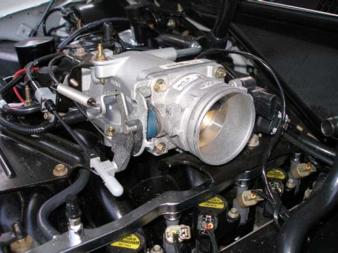 2001 Ford Crown Victoria - Ford engine components, including a throttle body and fuel injectors, are visible in this close-up view.