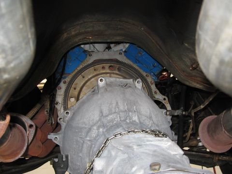 1973 Ford Ranchero - Underside view of a vehicle's transmission and engine block assembly.