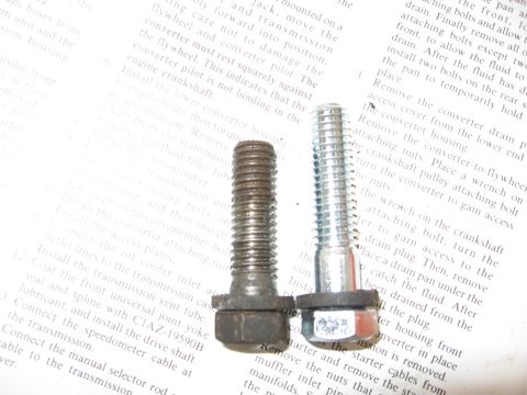 1973 Ford Ranchero - A comparison of a used and new bolt is shown against a page of technical instructions.