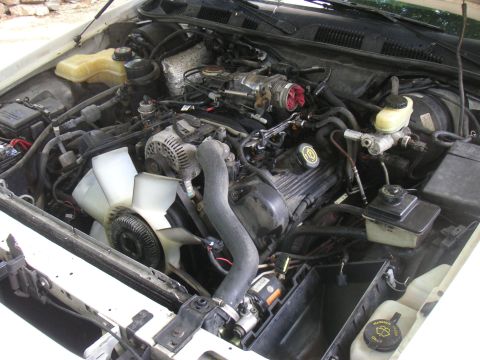 1997 Ford Crown Victoria - The engine bay of a vehicle is shown, various components and hoses.