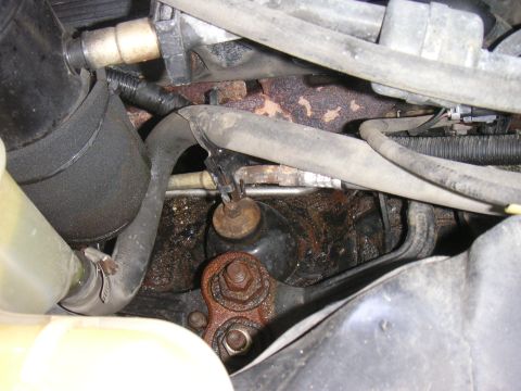 1997 Ford Crown Victoria - Close-up view of engine components, including hoses and rusty metal parts, within a vehicle's engine bay.