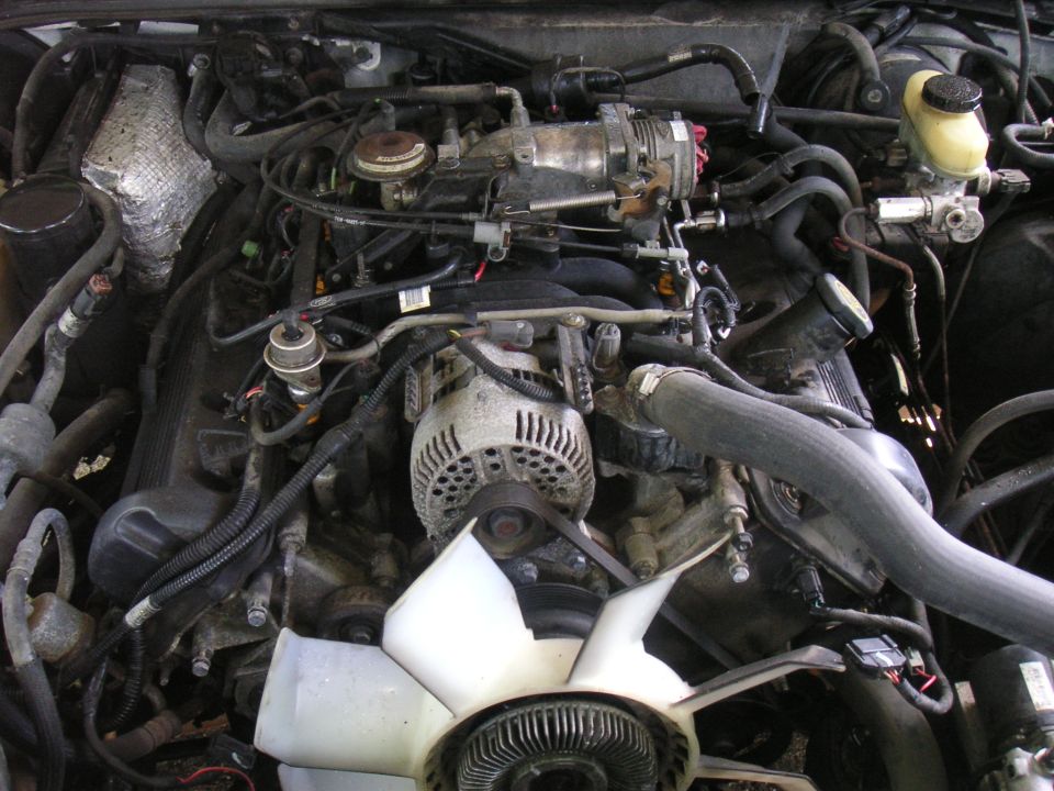 Engine bay with V8 engine, alternator, fan, and hoses visible