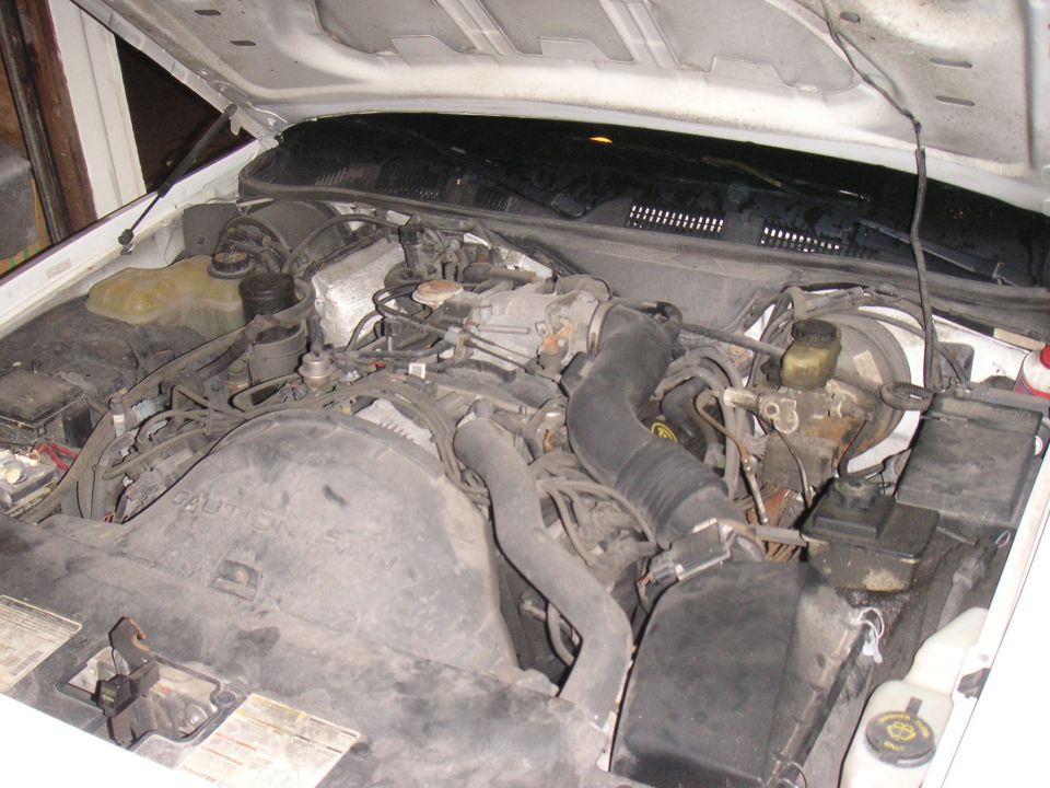 Dusty Ford engine bay with hood up, CAUTION FAN shroud and black factory airbox