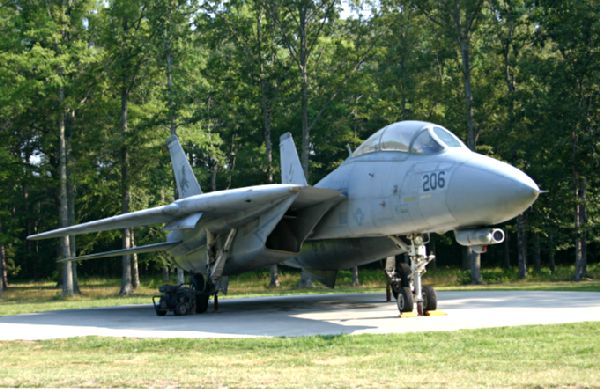 F-14 Tomcat fighter jet with number 206 on nose, parked on tarmac with trees in background