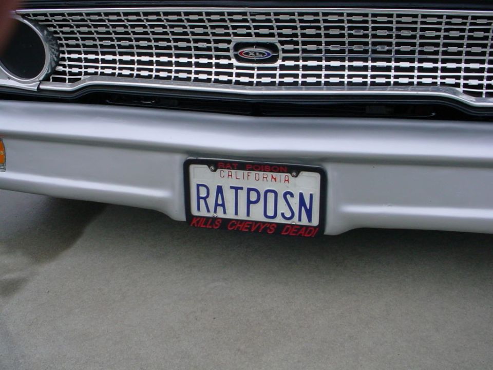 1972 Ford Ranchero front grille and bumper with "RATPOSN" license plate