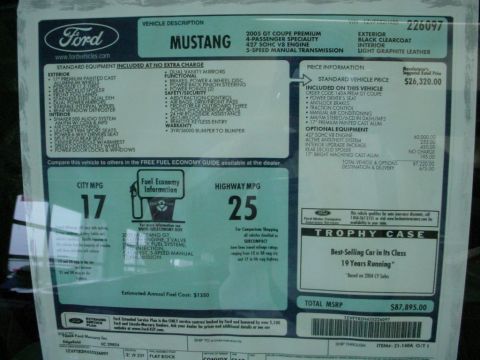 1972 Ford Ranchero - This is a window sticker detailing the features and price of a 2005 Ford Mustang GT Coupe Premium.