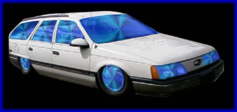 2002 Mercury Sable - This white station wagon features striking blue tinted windows and custom wheels, presented in a front three-quarter view.