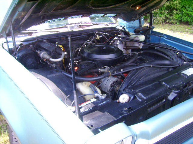Engine bay of light blue car showing V8 with round black air cleaner, hood up