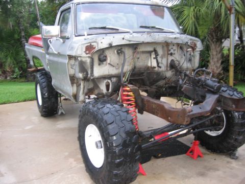 1974 Ford F-100 - This modified Ford F-100 truck chassis is missing its front end and appears to be from the mid-1970s.